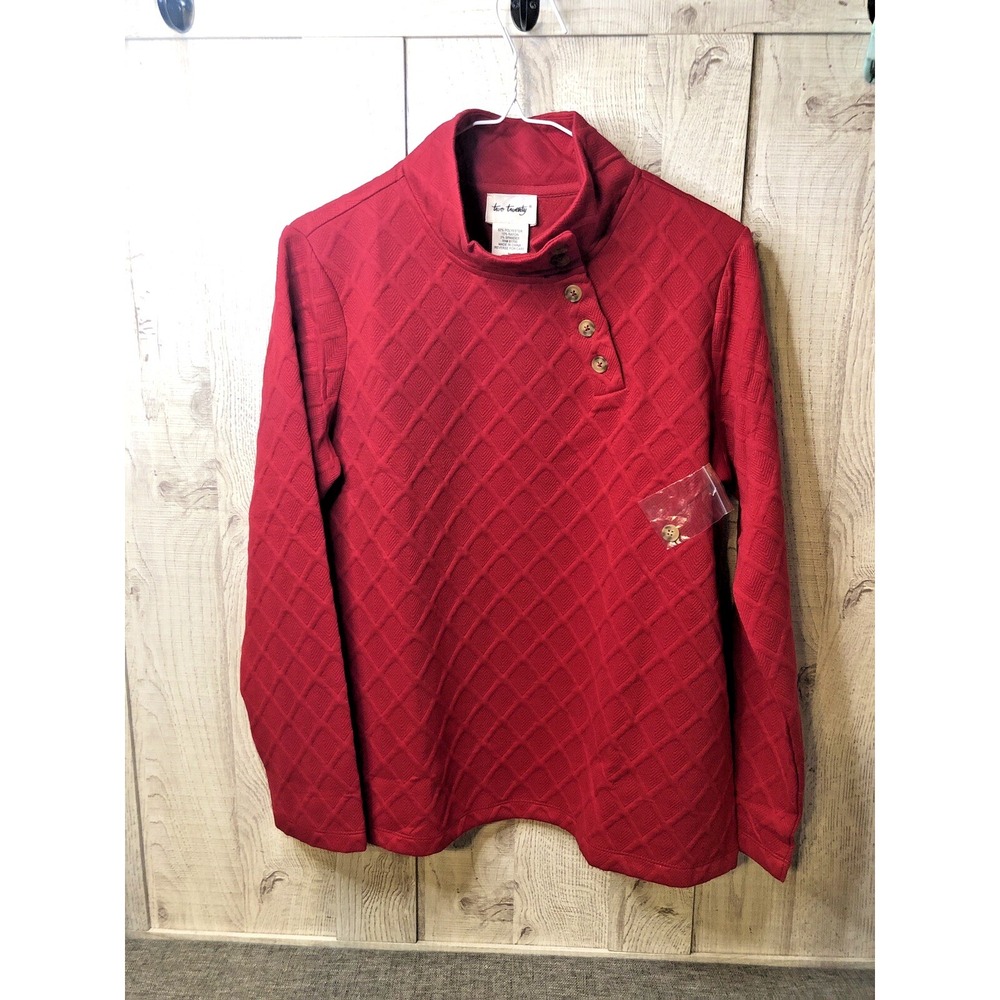 Two Twenty Women M Quilted Diamond Knit Mock Neck Button Pullover Sweater